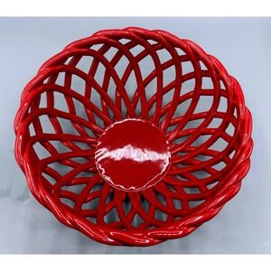 Arlington Designs Red Ceramic Woven Lattice Fruit Basket Bowl Glossy Glaze 9.5in